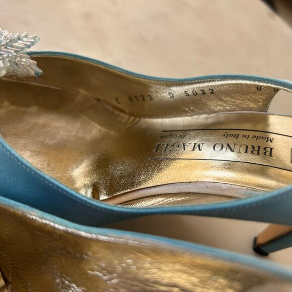 Bruno Magli Light Blue Satin Slingback Heel | Beaded Embellished Pointed Toe 8 B - Picture 12 of 12